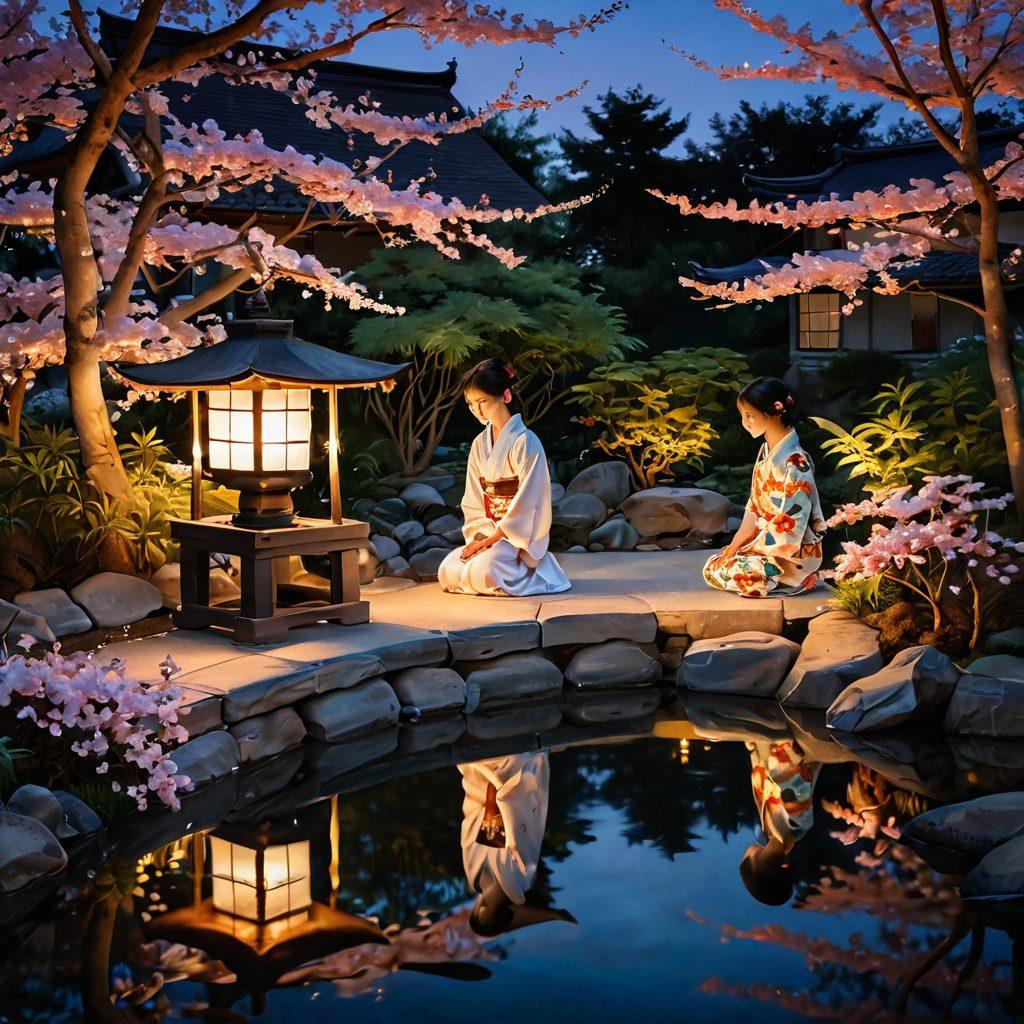 A serene Japanese garden at twilight, adorned with cherry blossoms, where a couple shares an intimate moment by a koi pond, surrounded by subtle hints of traditional Japanese art and the juxtaposition of sensual symbols like silk fans and aesthetic lingerie. Soft lantern light illuminates their faces, reflecting a blend of romance and cultural appreciation. pastel colors. painting.