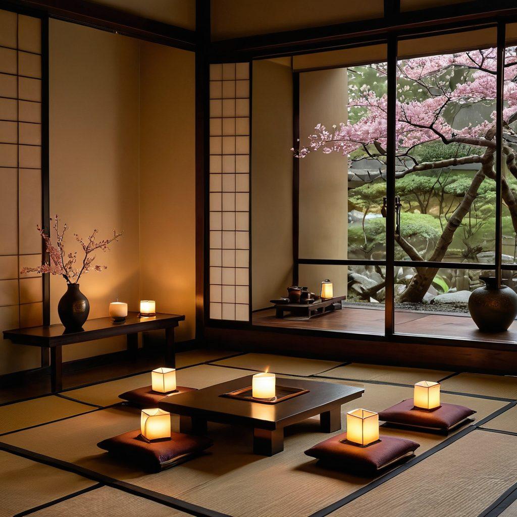 A serene Japanese room adorned with traditional tatami mats and shoji screens, bathed in soft, ambient candlelight. Subtle elements suggest intimacy, such as a pair of sake cups and cherry blossoms scattered on a low table. Include shadowy figures in a gentle embrace in the background, embodying passion and connection. The overall mood should evoke a sense of warmth and deep emotion, inviting the viewer into a world of romance. soft-focus, warm colors, subtle lighting.