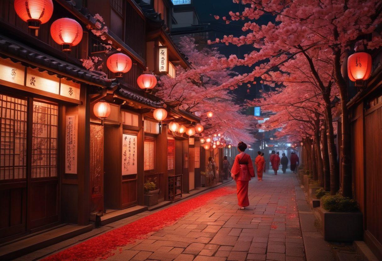 A captivating scene showcasing a traditional Japanese red-light district with lanterns illuminating the bustling streets. Include a subtle blend of cultural elements like kimono-clad figures and modern adult entertainment signs. The atmosphere should evoke intrigue and sensuality, with soft lighting and an air of mystery. Incorporate elements of cherry blossom petals drifting in the breeze. vibrant colors. super-realistic.